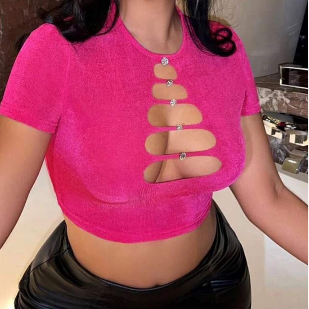 Rhinestone Ladder Cut Out Crop Tee